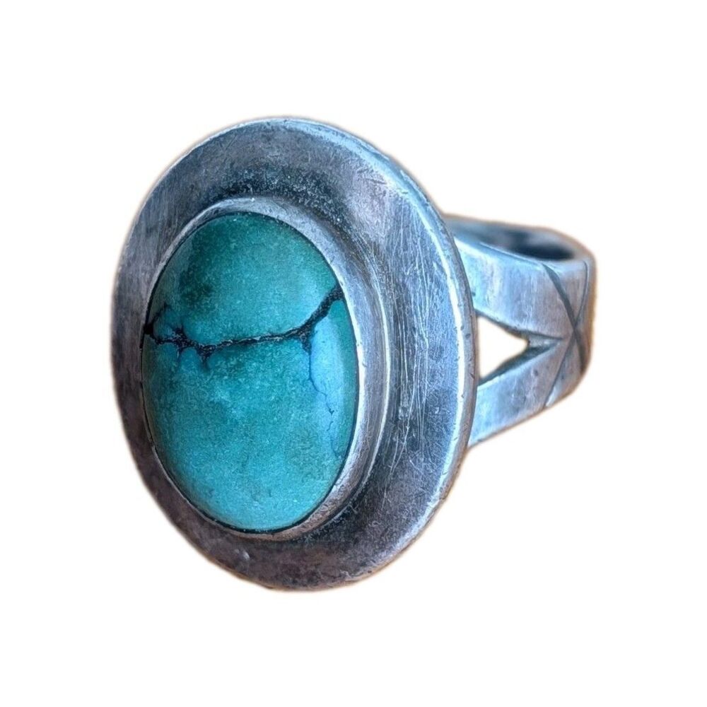 Vintage Navajo Green Turquoise Ring Cabochon Sterling Silver Size 8 Old Pawn